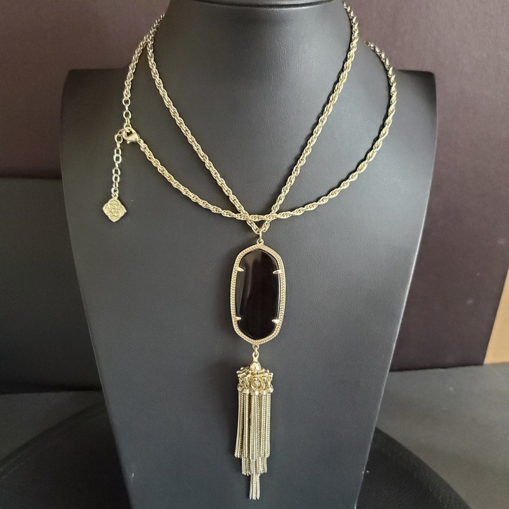 Kendra Scott Rayne Long Pendant Necklace‎ Black and Gold Plate Signed